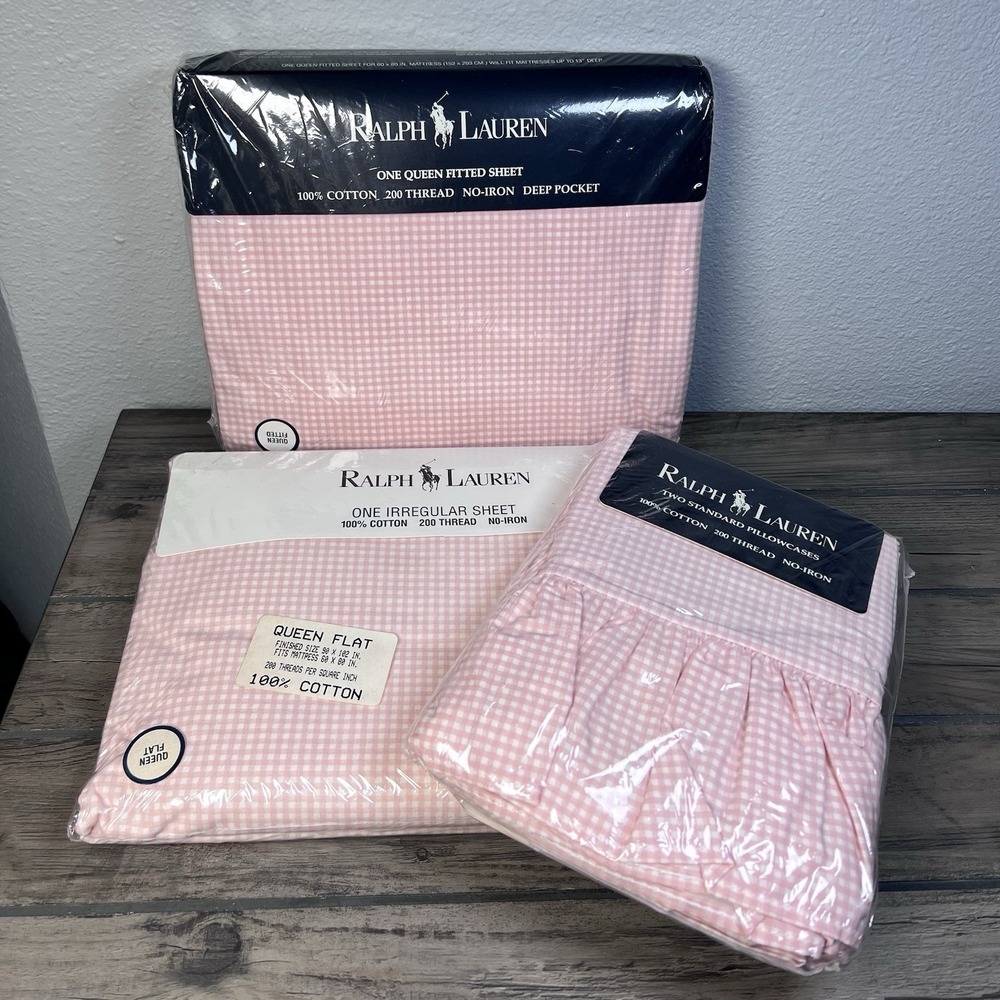 Polo Ralph Lauren Pink Gingham Queen Set Fitted Flat 2 Cases CottageCore VTG 90s